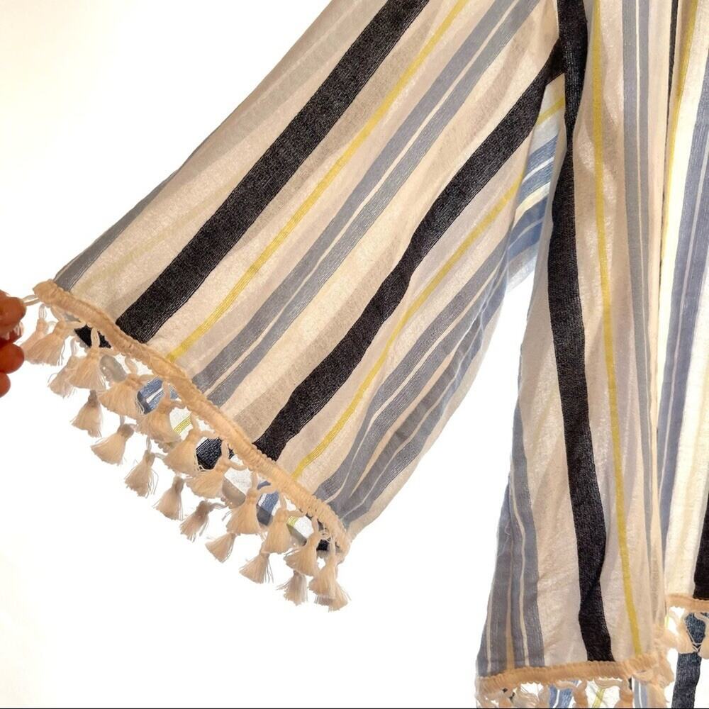 Vince Camuto Striped Tunic Top Sz L White Blue Pom Pom Hem Beach Surfer Coastal - Picture 5 of 11